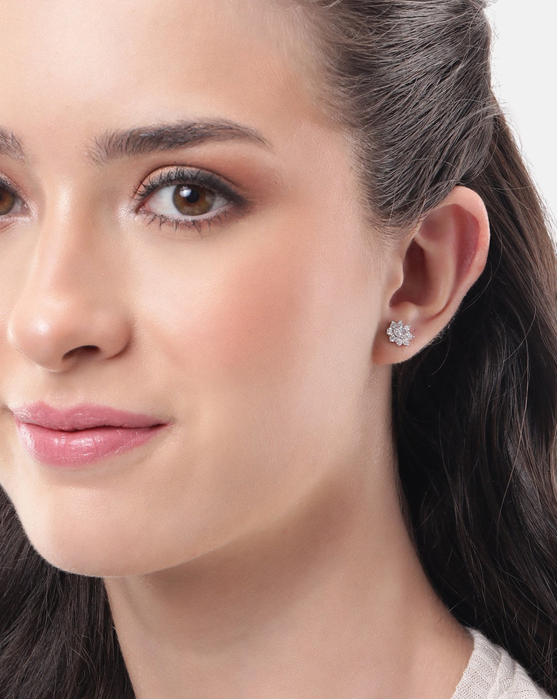 925 Sterling Silver Rhodium Plated CZ Floral Petite Stud Earring