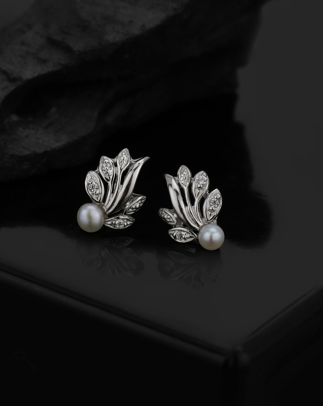 925 Sterling Silver Rhodium Plated CZ and Pearl Fancy Stud Earring