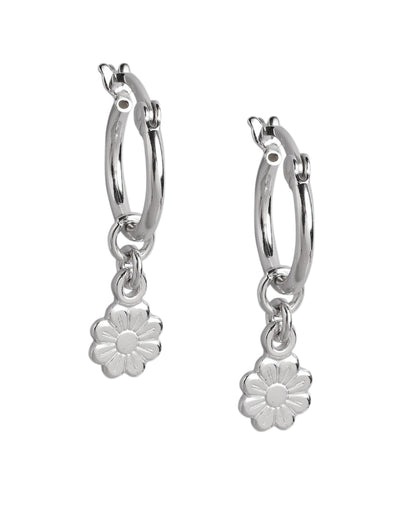 925 Sterling Silver Rhodium Plated Floral Hoop Earring