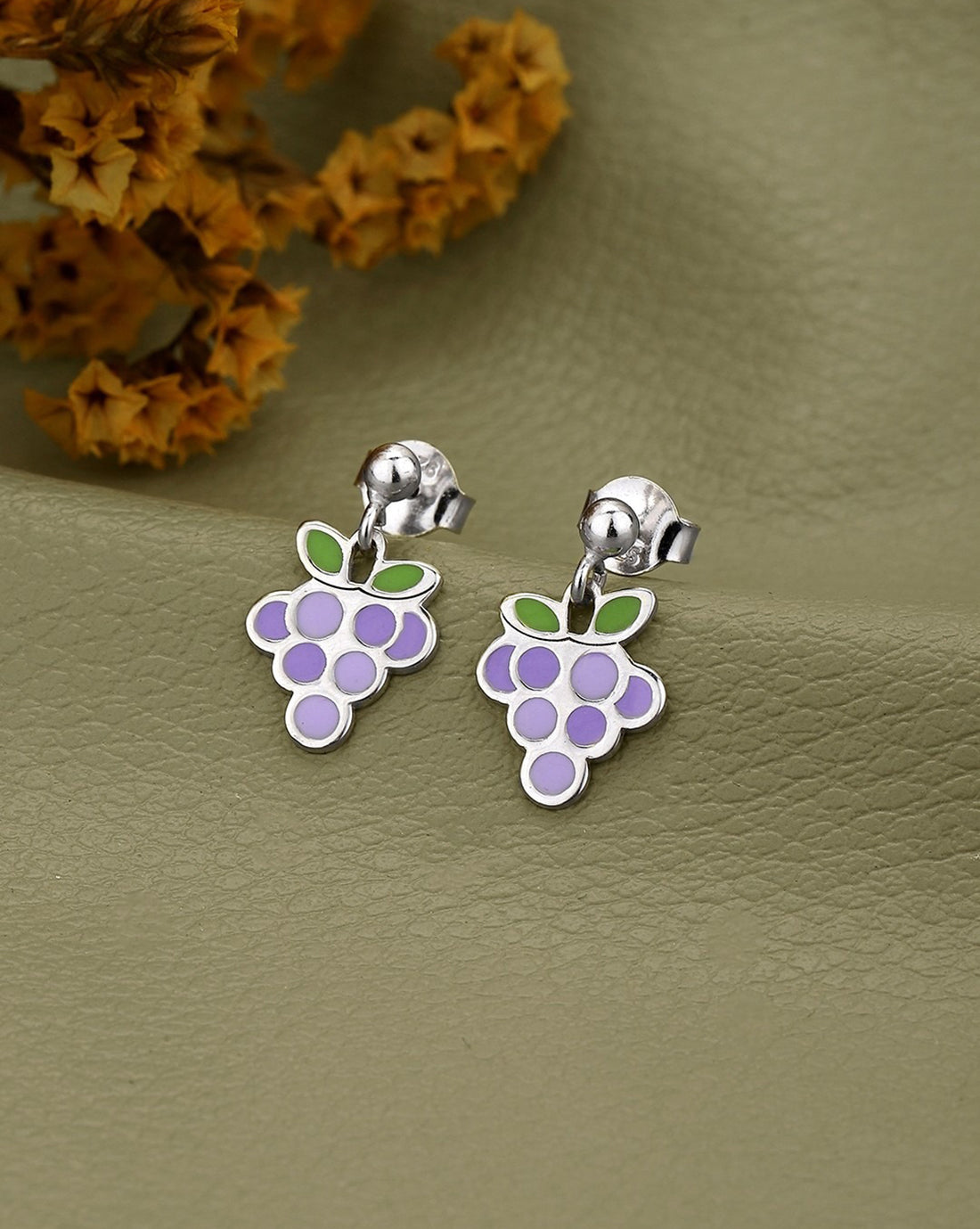 925 Sterling Silver Rhodium Plated with Green &amp; Purple Enamel Grape Drop Earring