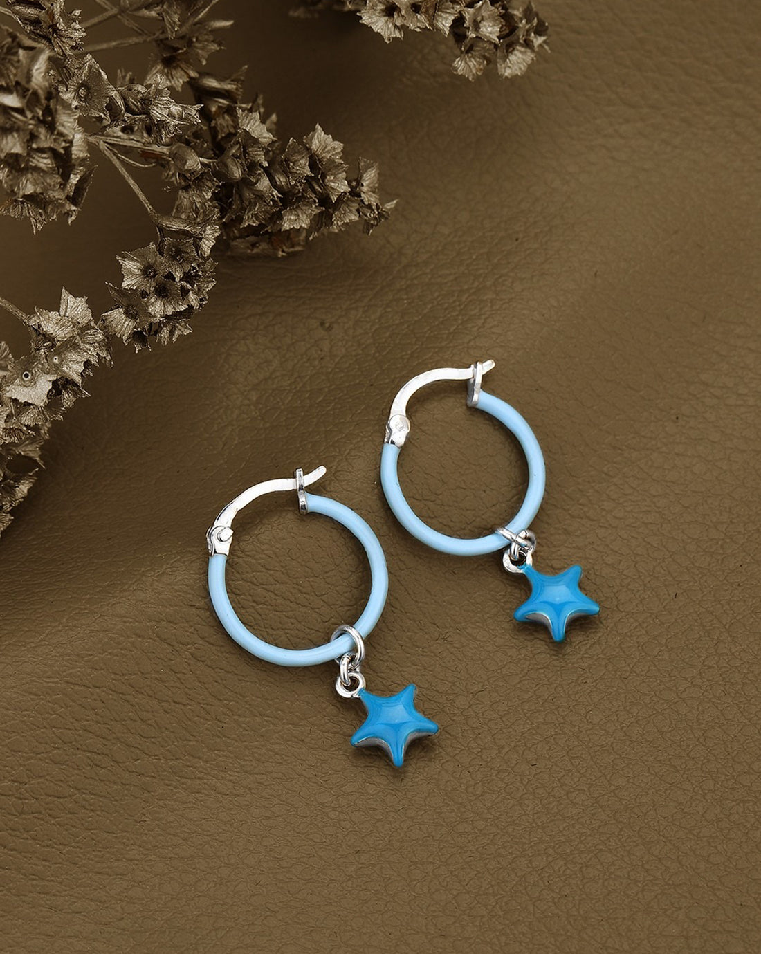 925 Sterling Silver Rhodium Plated Enamel Star Hoop Earring