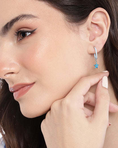 925 Sterling Silver Rhodium Plated Enamel Star Hoop Earring
