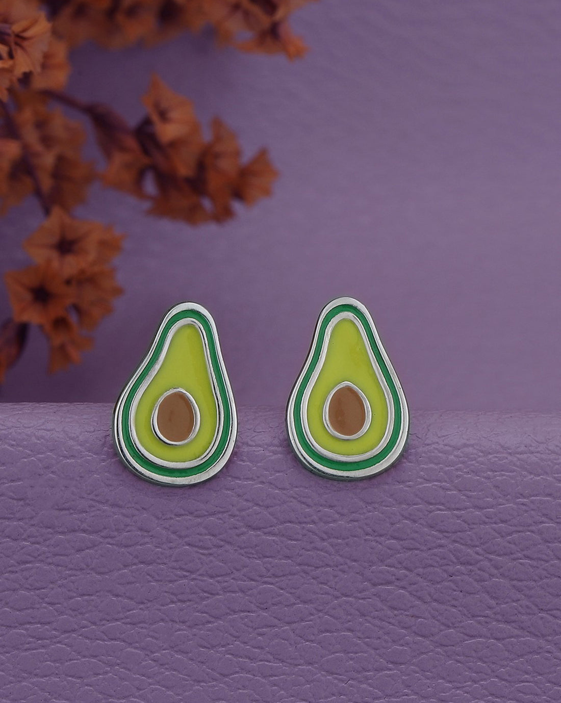 925 Sterling Silver Rhodium Plated with Enamel Avocado Stud Earring