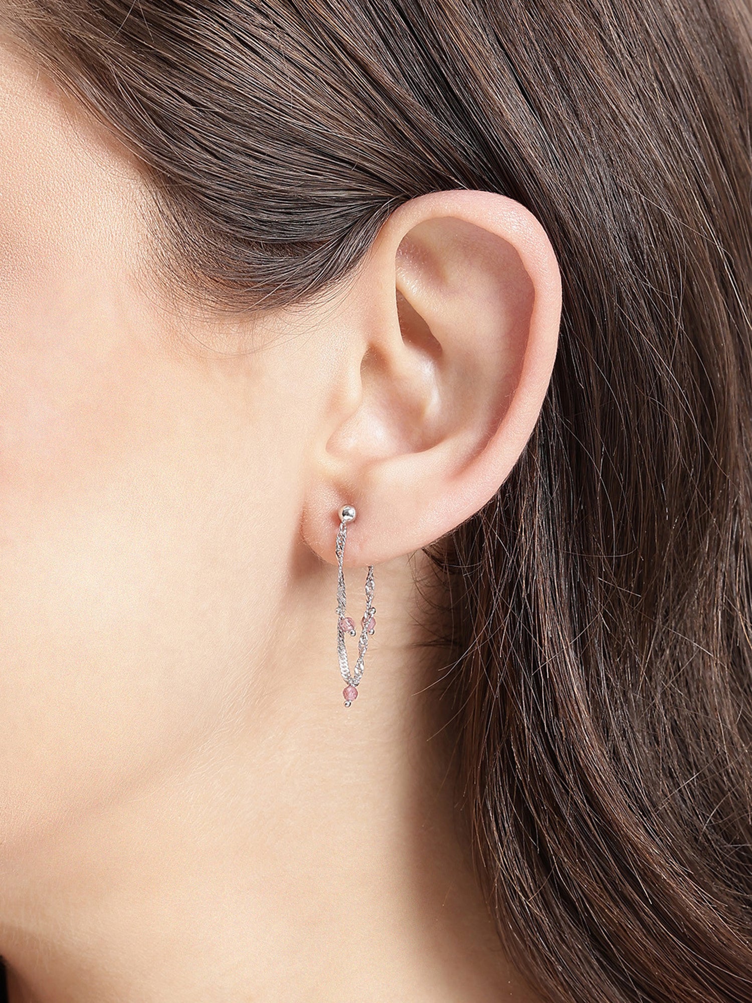 925 Sterling Silver Rhodium Plated Tourmaline Stud with Chain Earring