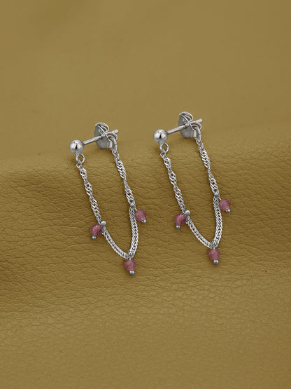925 Sterling Silver Rhodium Plated Tourmaline Stud with Chain Earring