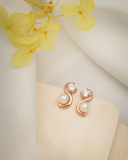 925 Sterling Silver 18kt Rose Gold Plated CZ &amp; Pearl Swirl Stud Earring