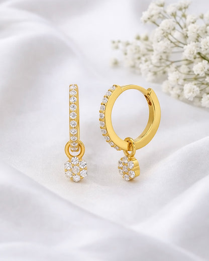 925 Sterling Silver 18kt Gold Plated CZ Floral Circular Hoop Earring