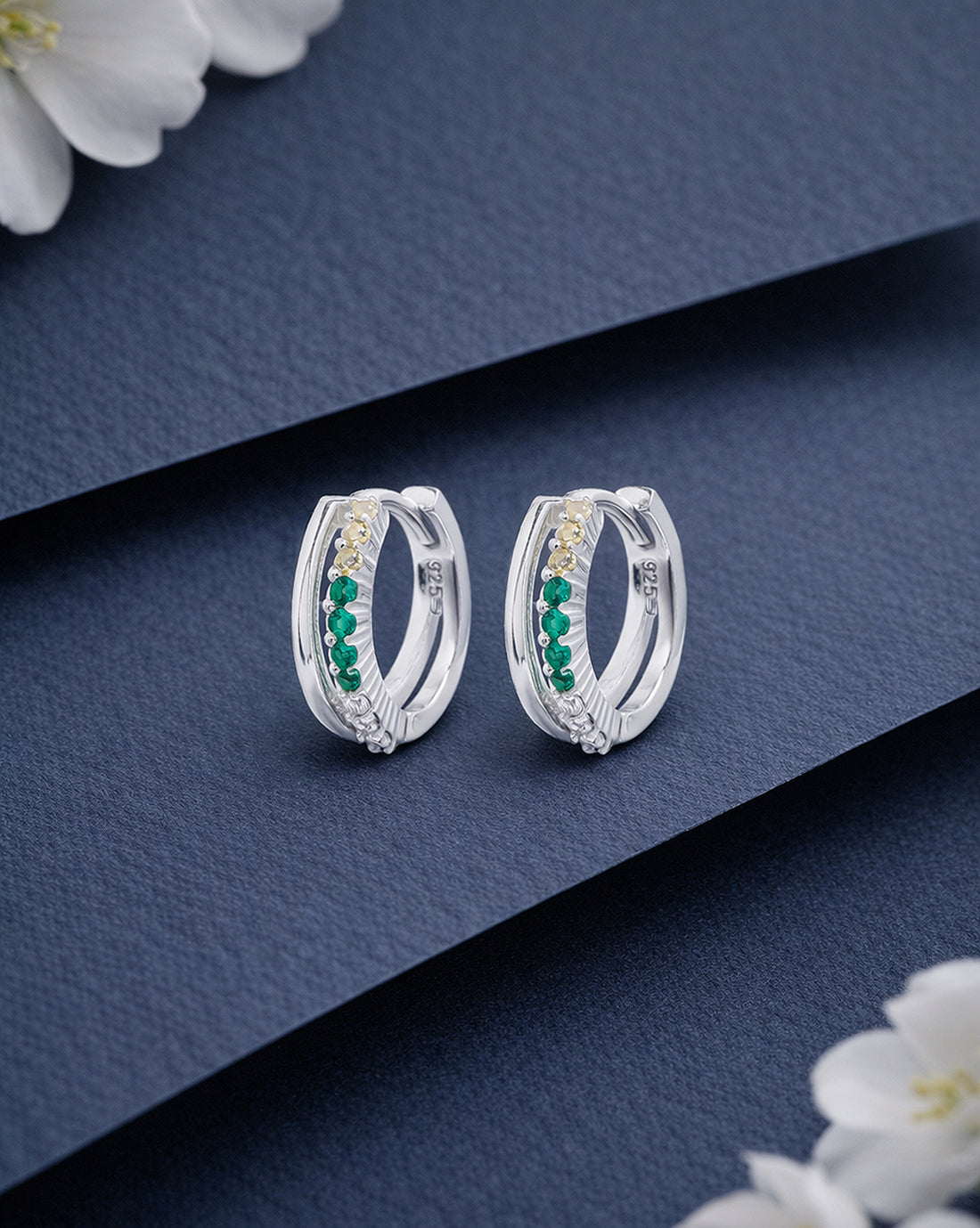 925 Sterling Silver Rhodium Plated Emerald Glow CZ Hoop Earring