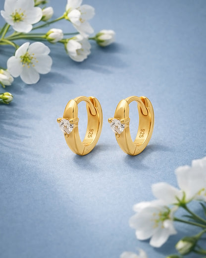 925 Sterling Silver 18kt Gold Plated CZ Heart Mini Circular Hoop Earring