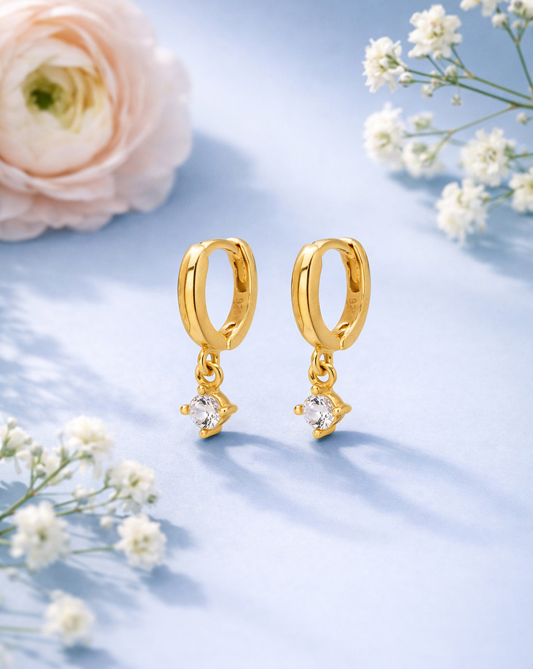 925 Sterling Silver 18kt Gold Plated Dangling CZ Mini Hoop Earring
