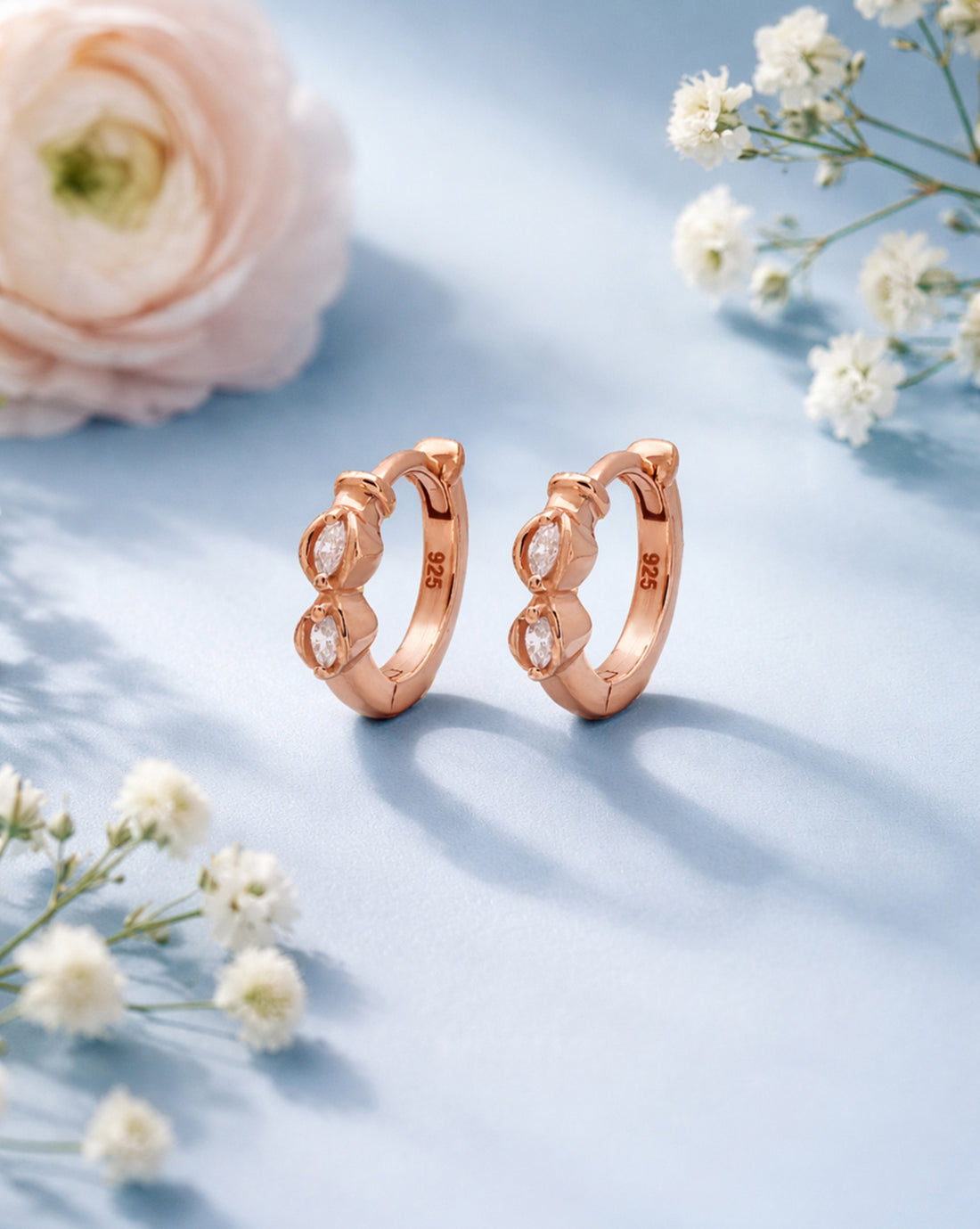 925 Sterling Silver 18kt Rose Gold Plated CZ Luxe Sculpted Huggie Earring