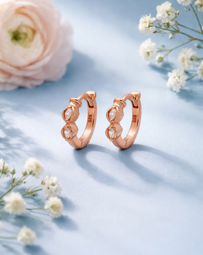 925 Sterling Silver 18kt Rose Gold Plated CZ Luxe Sculpted Huggie Earring