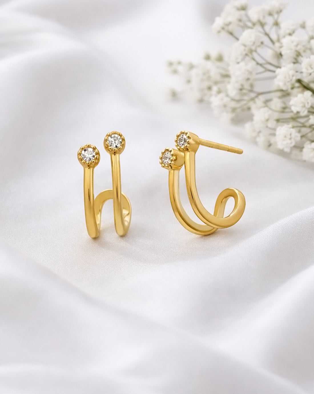 925 Sterling Silver 18kt Gold Plated CZ Accent Wave Half Hoop Earring