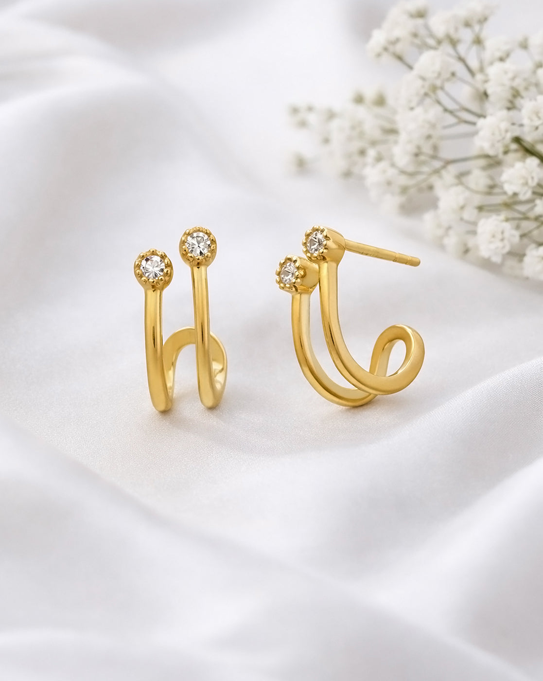 925 Sterling Silver 18kt Gold Plated CZ Accent Wave Half Hoop Earring