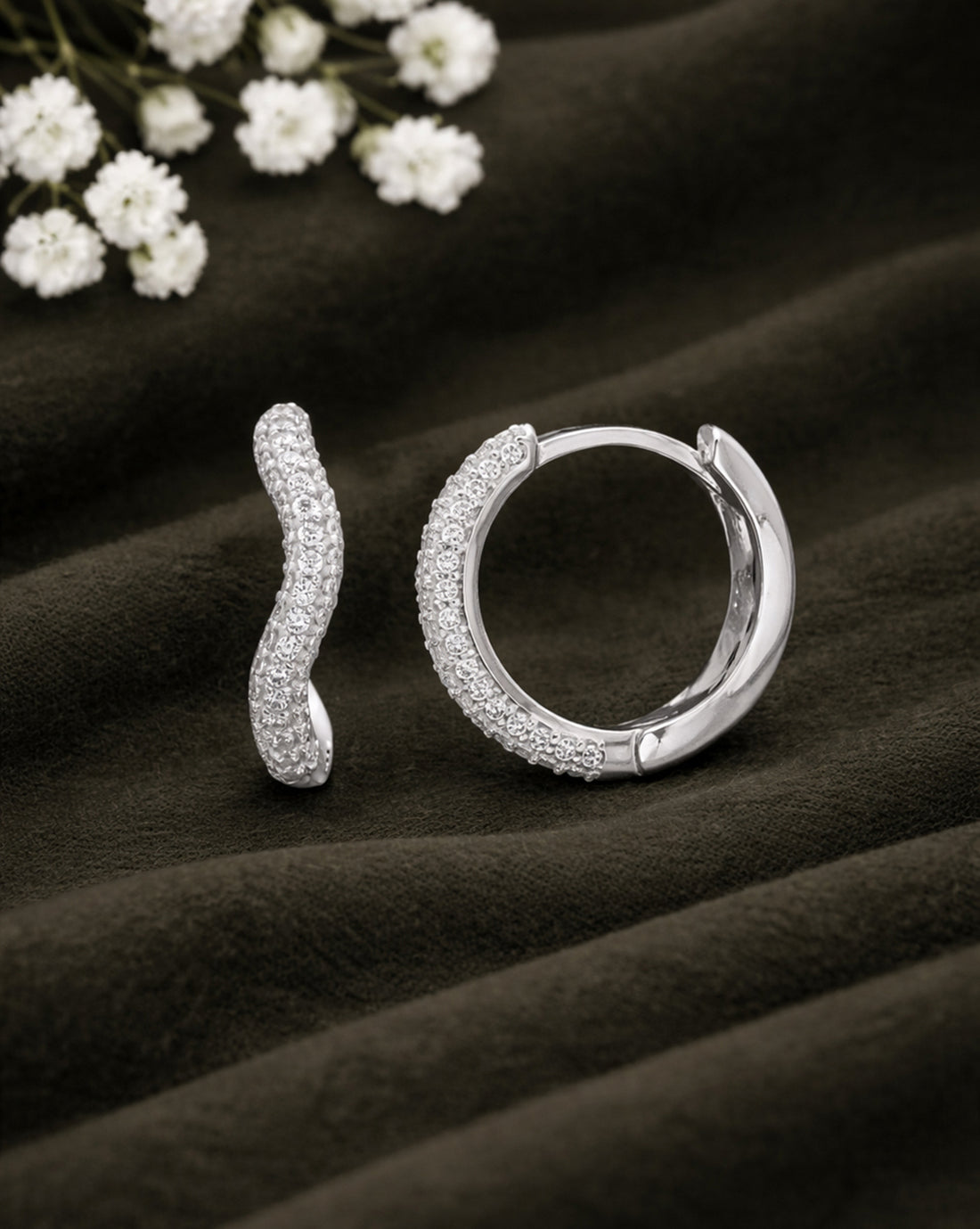 925 Sterling Silver Rhodium Plated CZ Sculpted Curve Hoop Earring