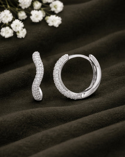 925 Sterling Silver Rhodium Plated CZ Sculpted Curve Hoop Earring