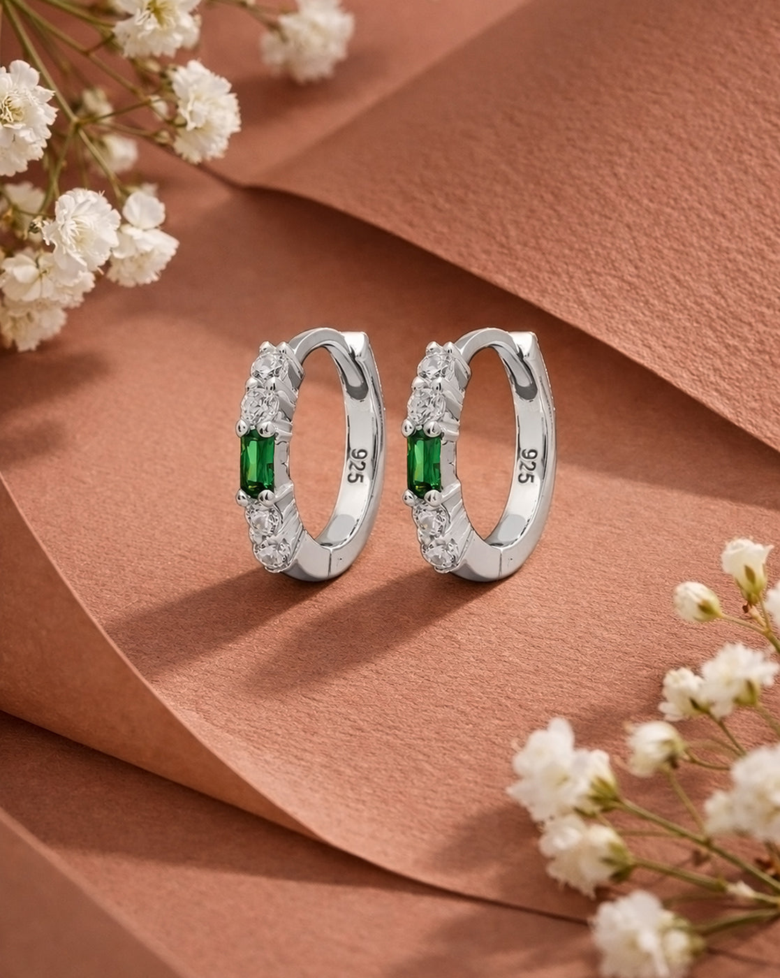 925 Sterling Silver Rhodium Plated Green CZ Hoop Earring