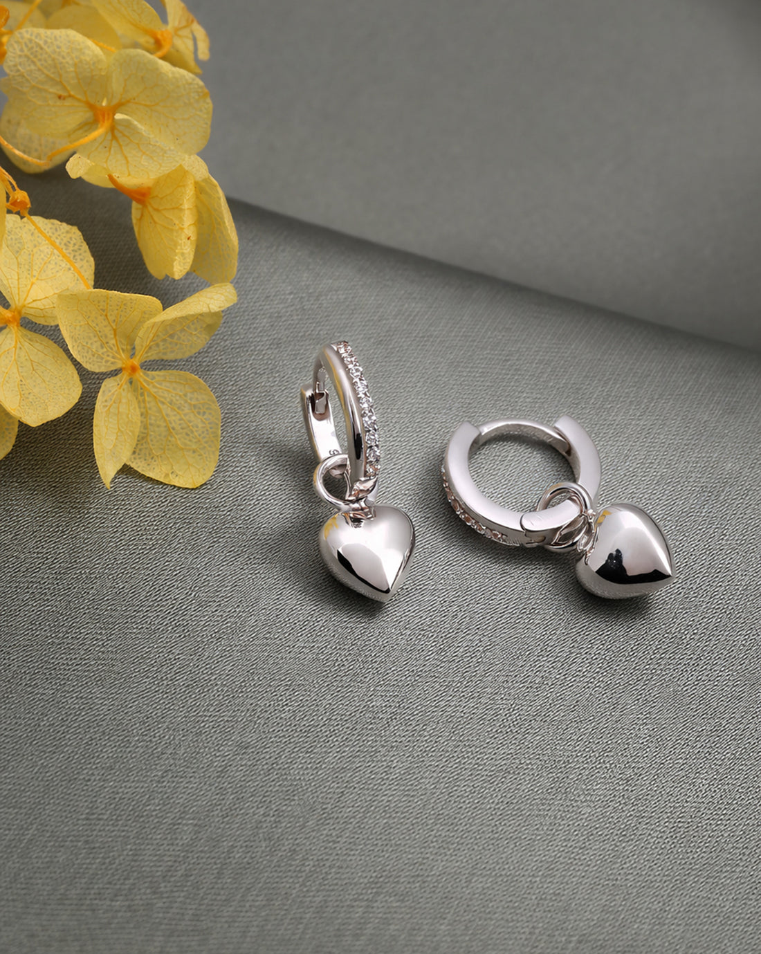 925 Sterling Silver Rhodium Plated CZ Dangling Heart Hoop Earring