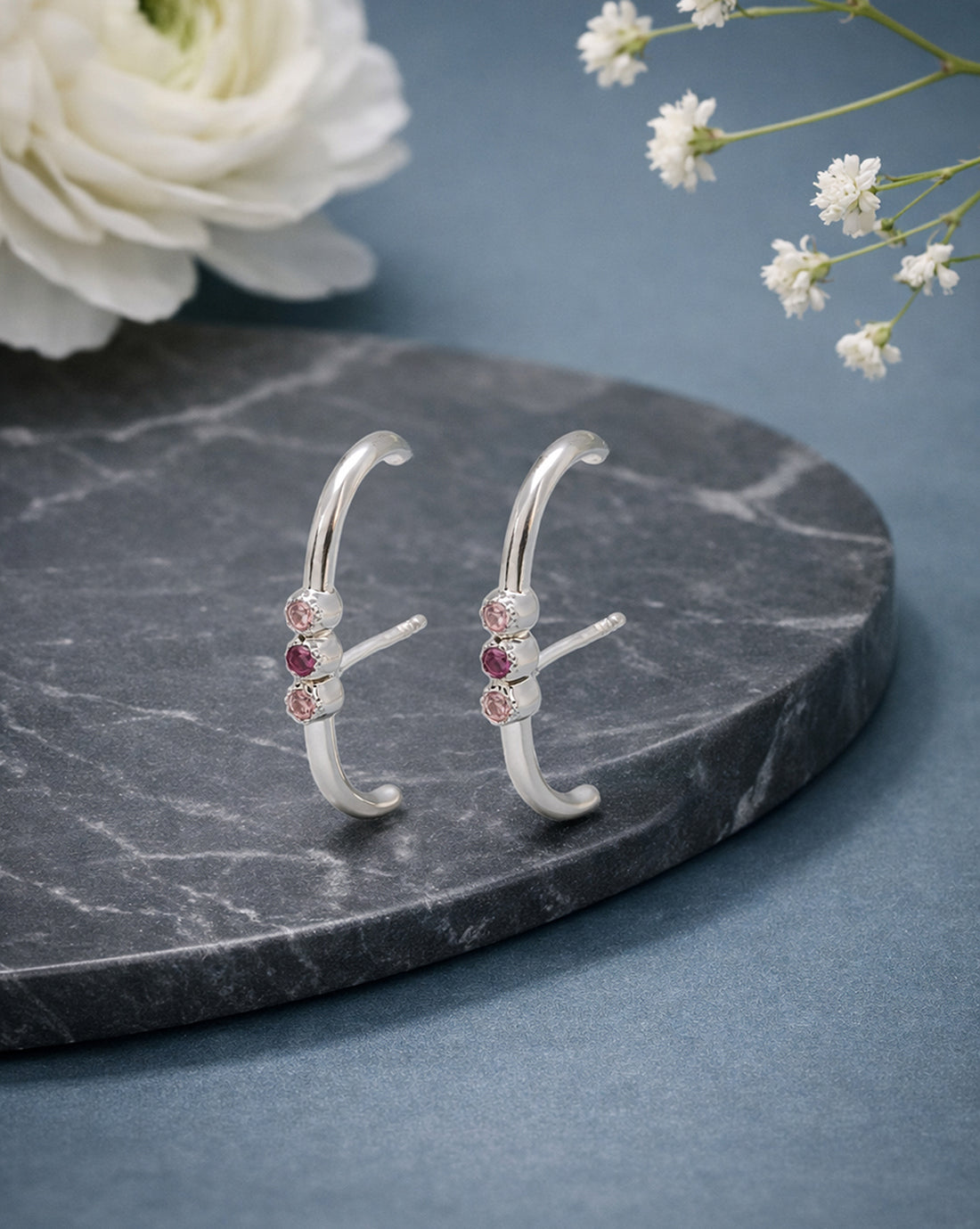 925 Sterling Silver Rhodium Plated Red &amp; Pink CZ Earlobe Earring