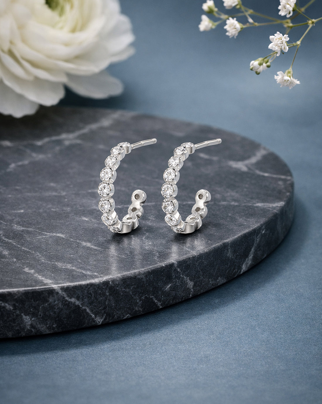 925 Sterling Silver Rhodium Plated CZ Half Hoop Earring
