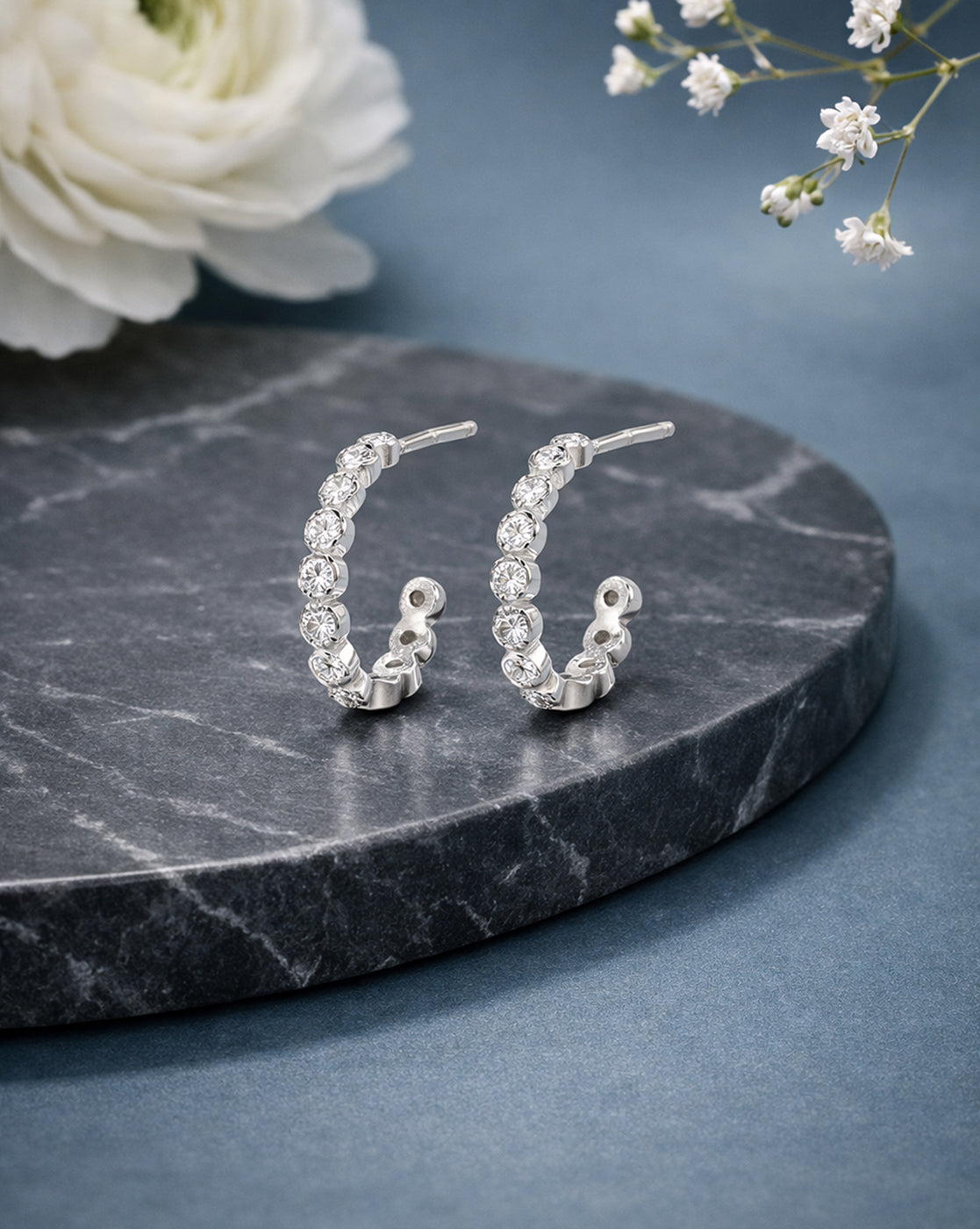 925 Sterling Silver Rhodium Plated CZ Half Hoop Earring