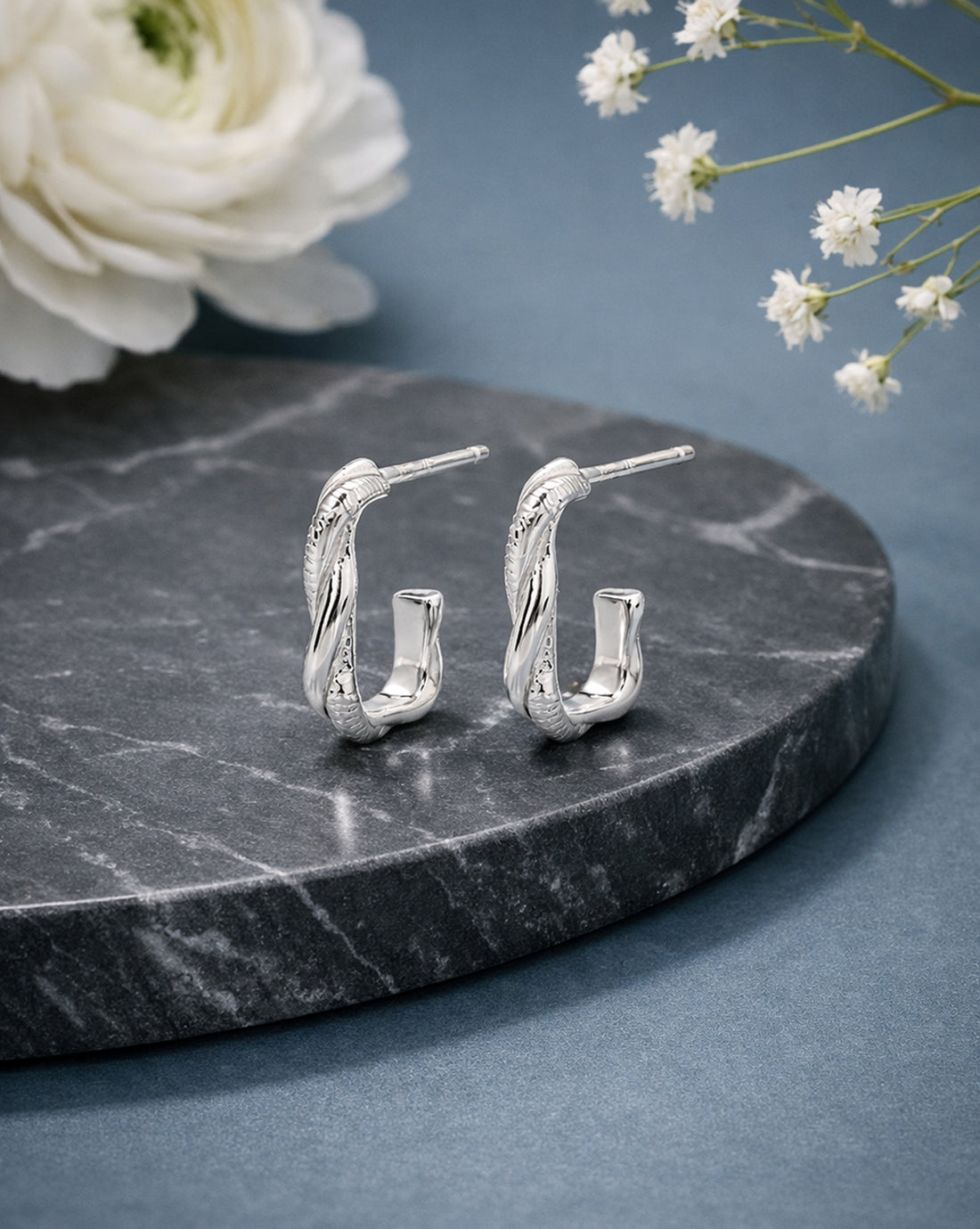 925 Sterling Silver Rhodium Plated Sculpted Half Hoop Earring