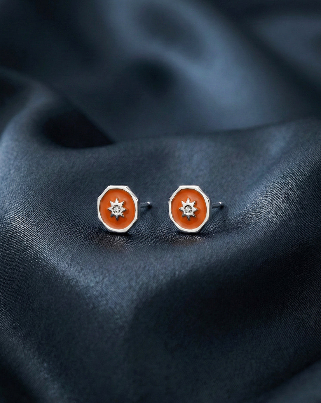 925 Sterling Silver Rhodium Plated Enamel Hexagon Stud Earring