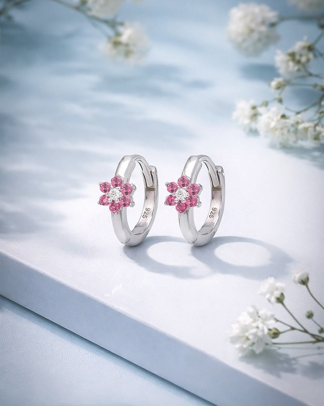 925 Sterling Silver Rhodium Plated Pink CZ Hoop Earring