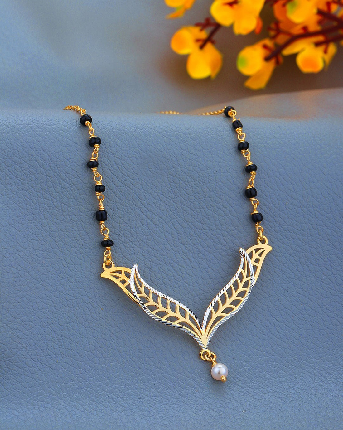 925 Sterling Silver 18kt Gold Plated with Natural Onyx Stone &amp; Pearl Mangalsutra