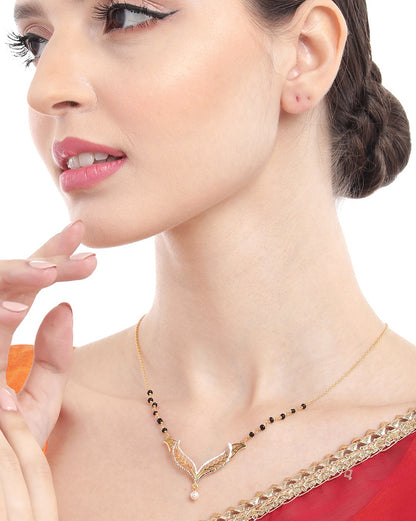 925 Sterling Silver 18kt Gold Plated with Natural Onyx Stone &amp; Pearl Mangalsutra