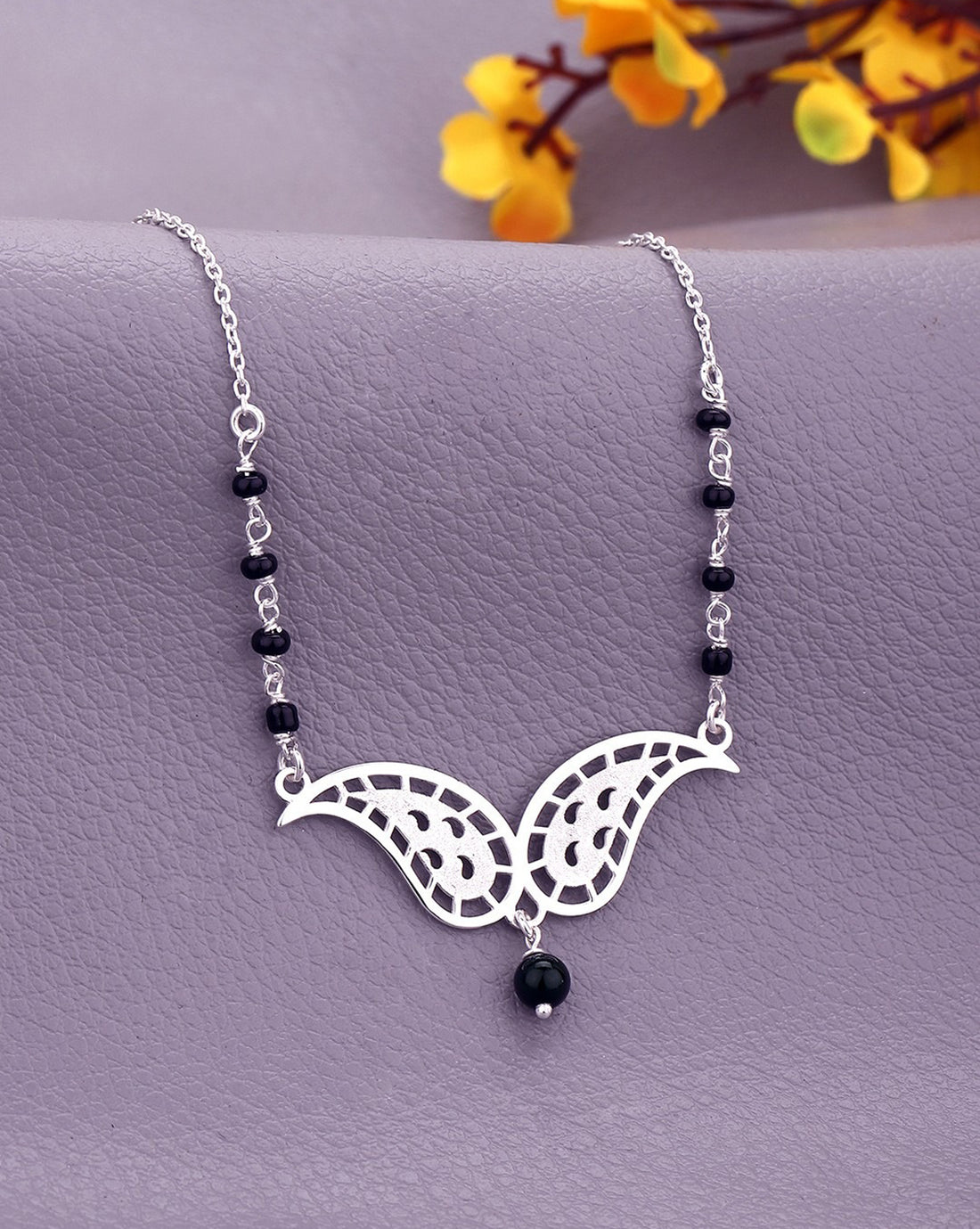 925 Sterling Silver Rhodium Plated with Glass Bead & Natural Onyx Stone Mangalsutra