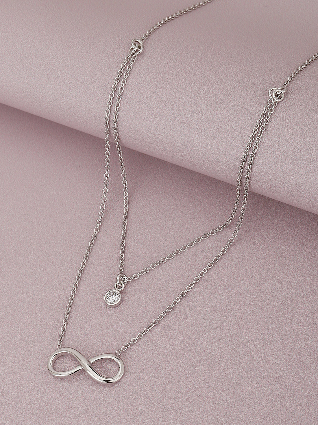 925 Sterling Silver Dangling Infinity &amp; Solitaire With Rhodium Plated Double Chain Necklace
