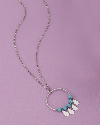 925 Sterling Silver Circle With Turquoise Bead And Dangling Drops Pendant With Chain &amp; Rhodium Plating