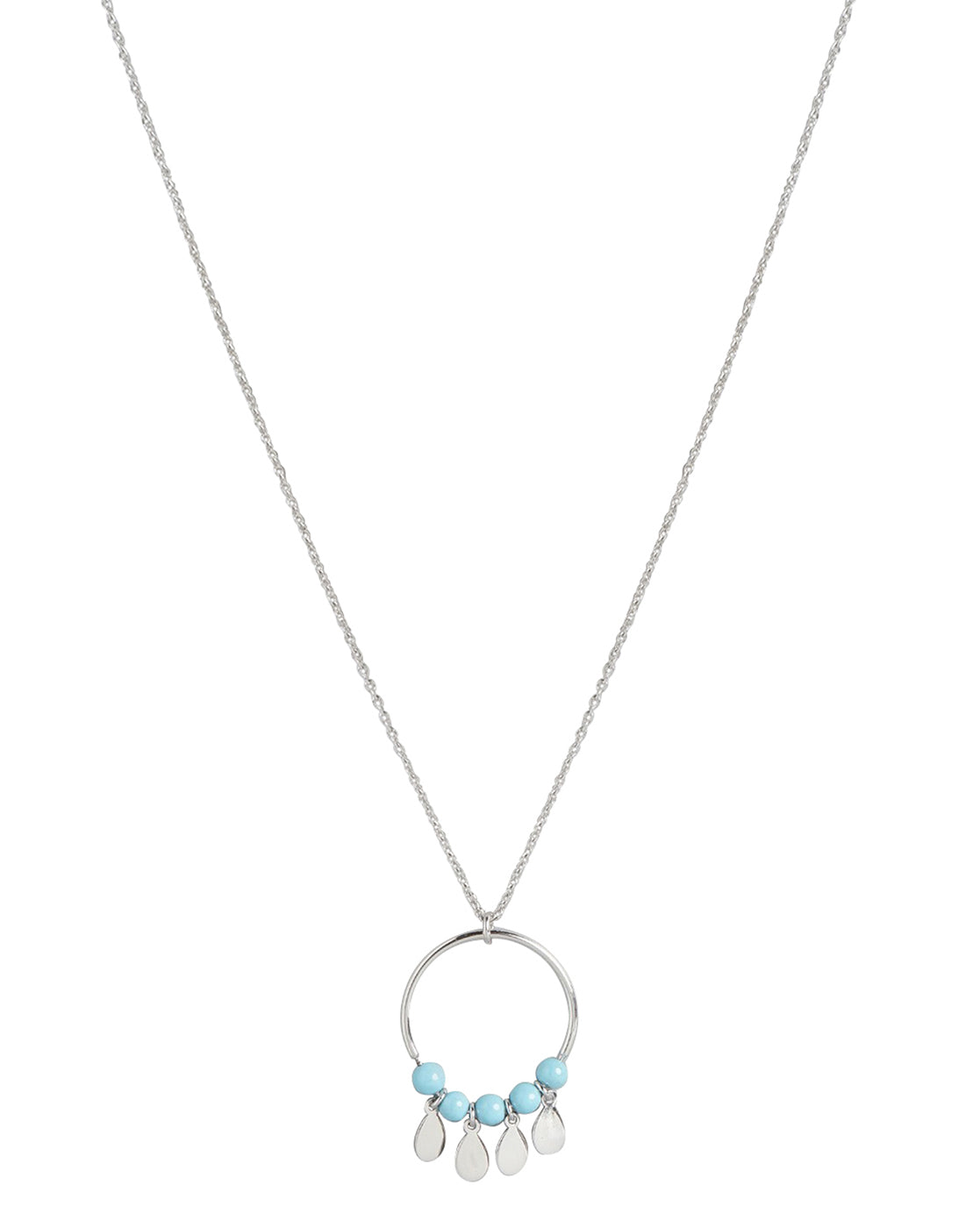 925 Sterling Silver Circle With Turquoise Bead And Dangling Drops Pendant With Chain &amp; Rhodium Plating