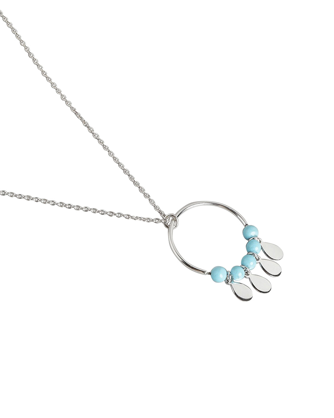 925 Sterling Silver Circle With Turquoise Bead And Dangling Drops Pendant With Chain &amp; Rhodium Plating