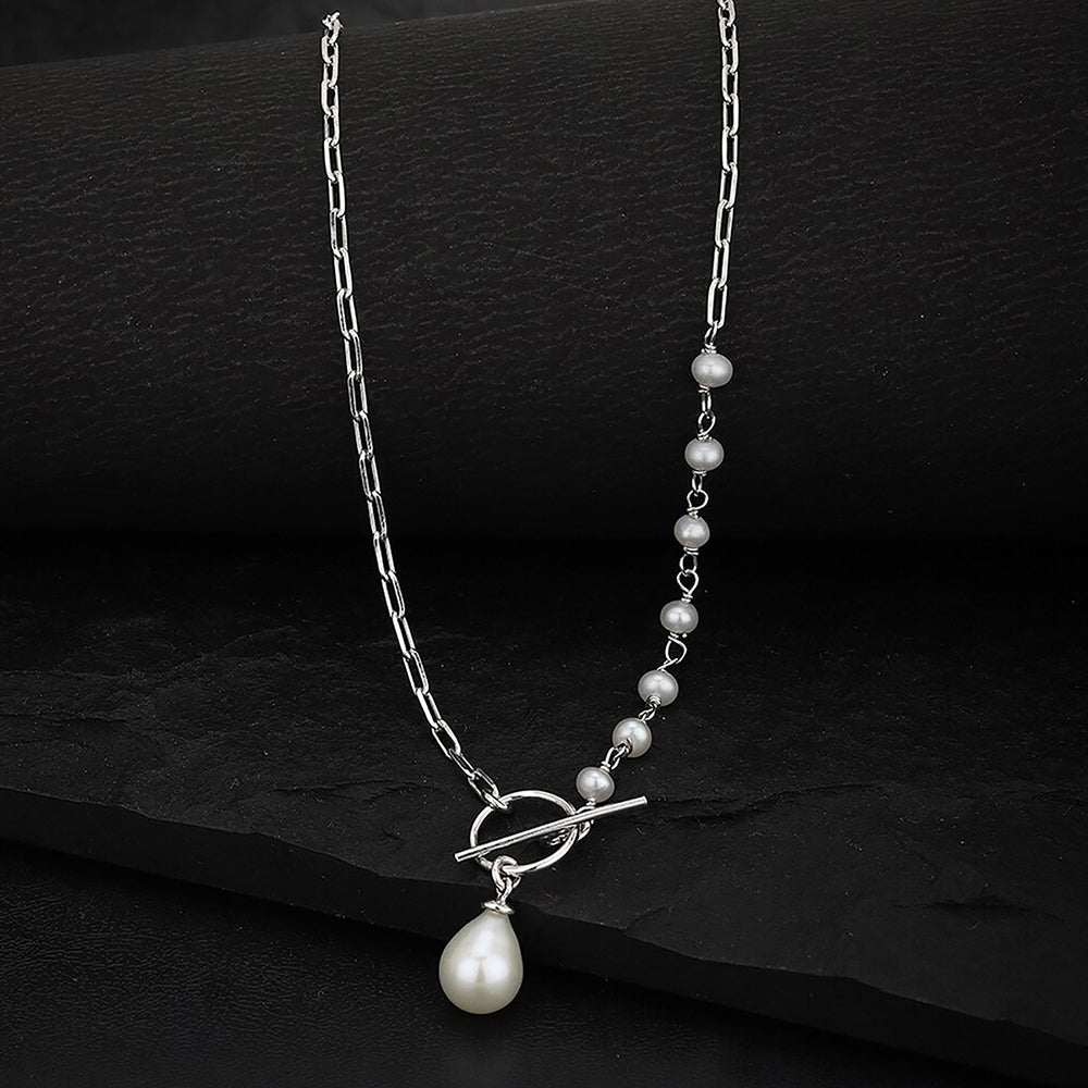 925 Sterling Silver Rhodium Plated Toggle &amp; Bar Pearl Necklace For Women