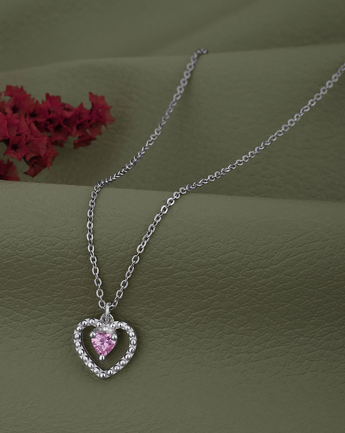 925 Sterling Silver Rhodium Plated Dangling Solitaire in Heart Pendant and Chain