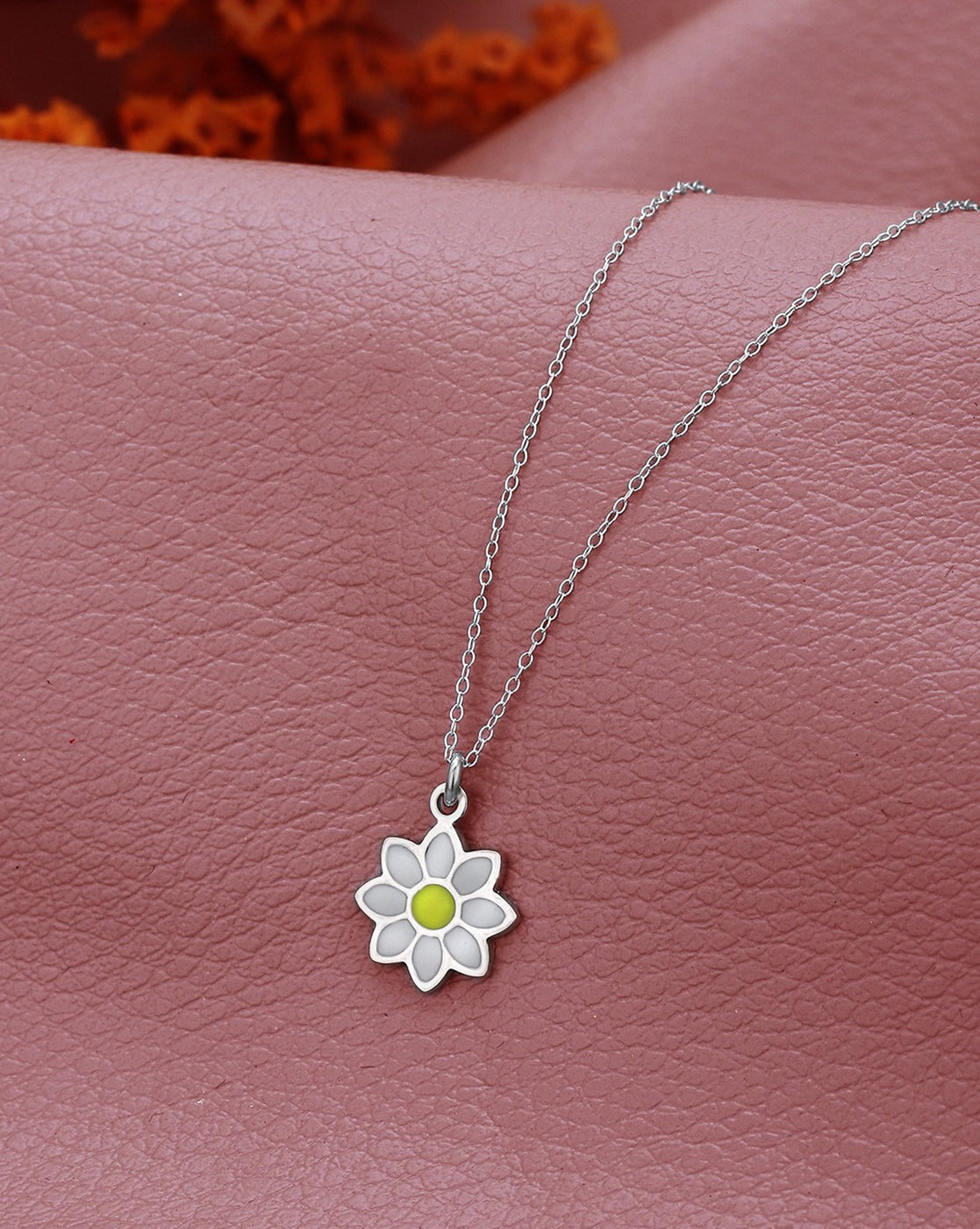 925 Sterling Silver Rhodium Plated with Enamel Daisy Flower Pendant Necklace
