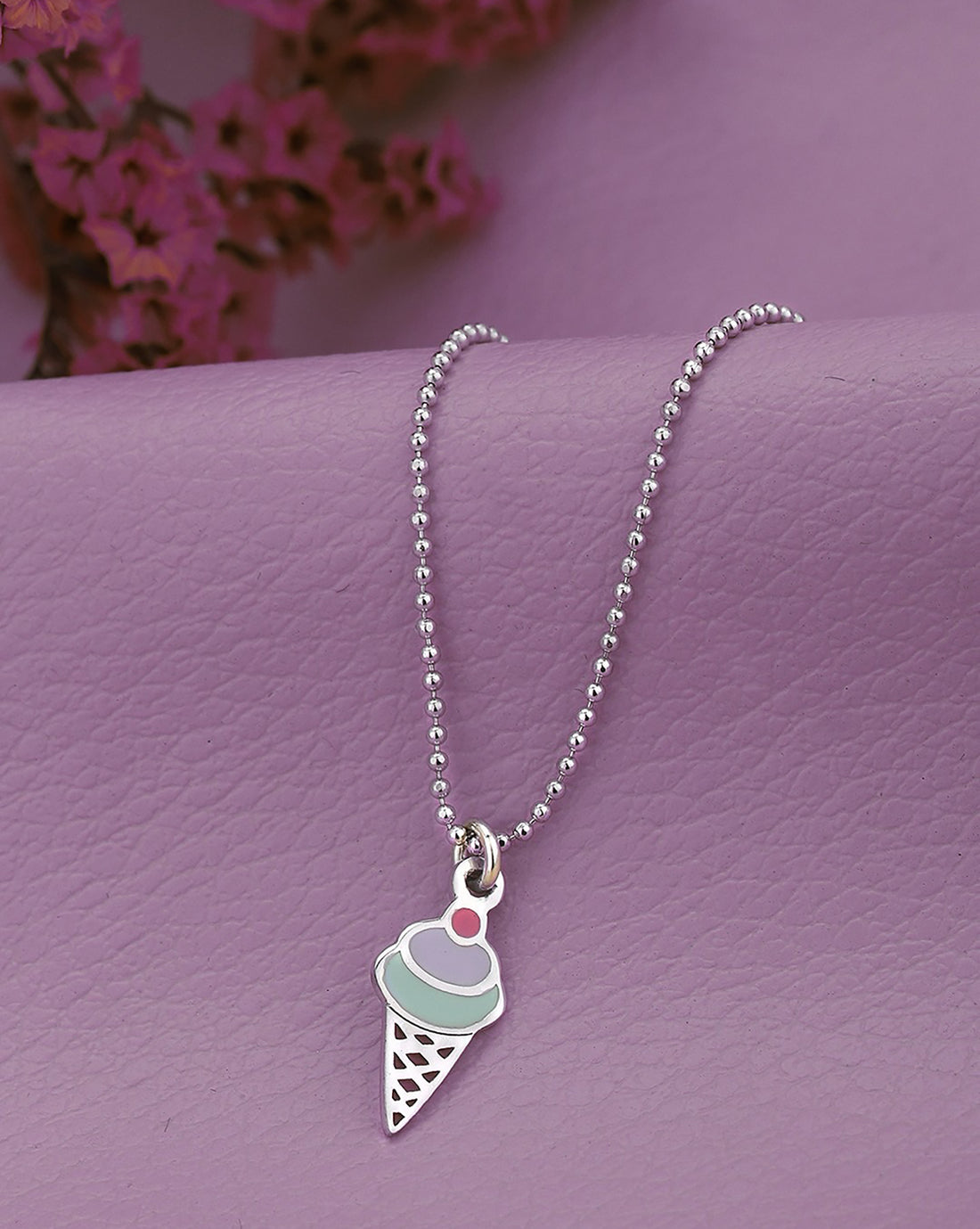 925 Sterling Silver Rhodium Plated with Enamel Ice Cream Cone Necklace