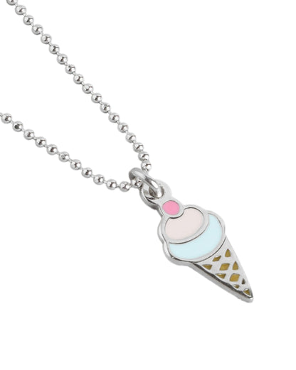 925 Sterling Silver Rhodium Plated with Enamel Ice Cream Cone Necklace