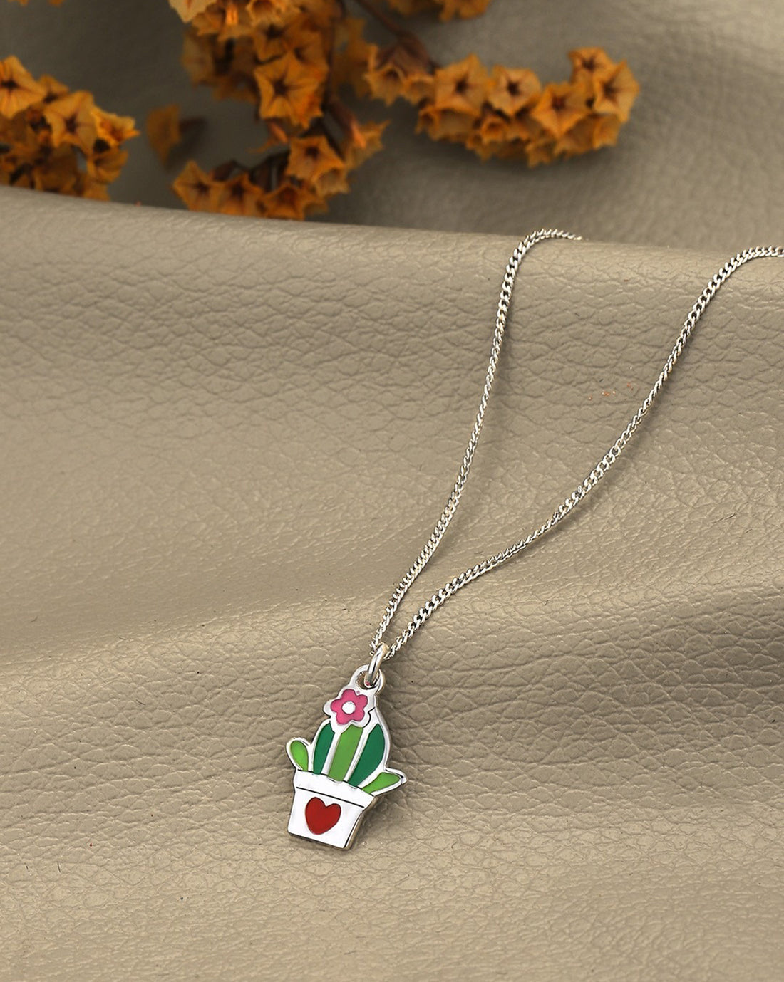 925 Sterling Silver Rhodium Plated Enamel Cactus in a Pot Necklace