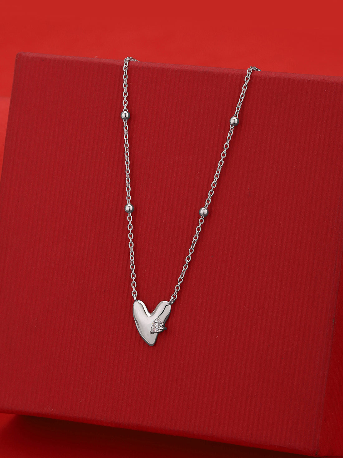 925 Sterling Silver Rhodium Plated CZ Heart Necklace