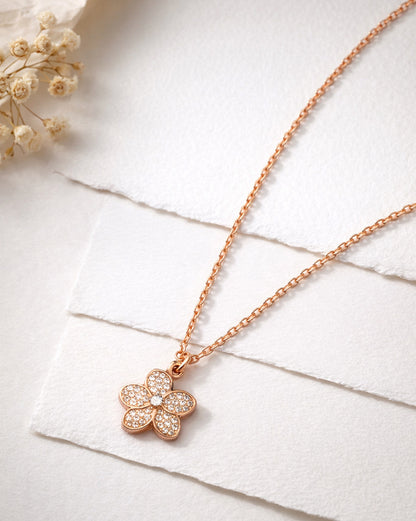 925 Sterling Silver 18kt Rose Gold Plated CZ Floral Penand and Chain