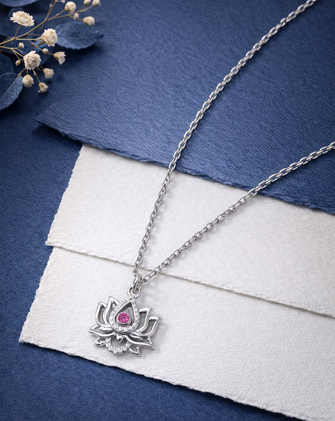 925 Sterling Silver Rhodium Plated Red CZ Lotus Pendant and Chain