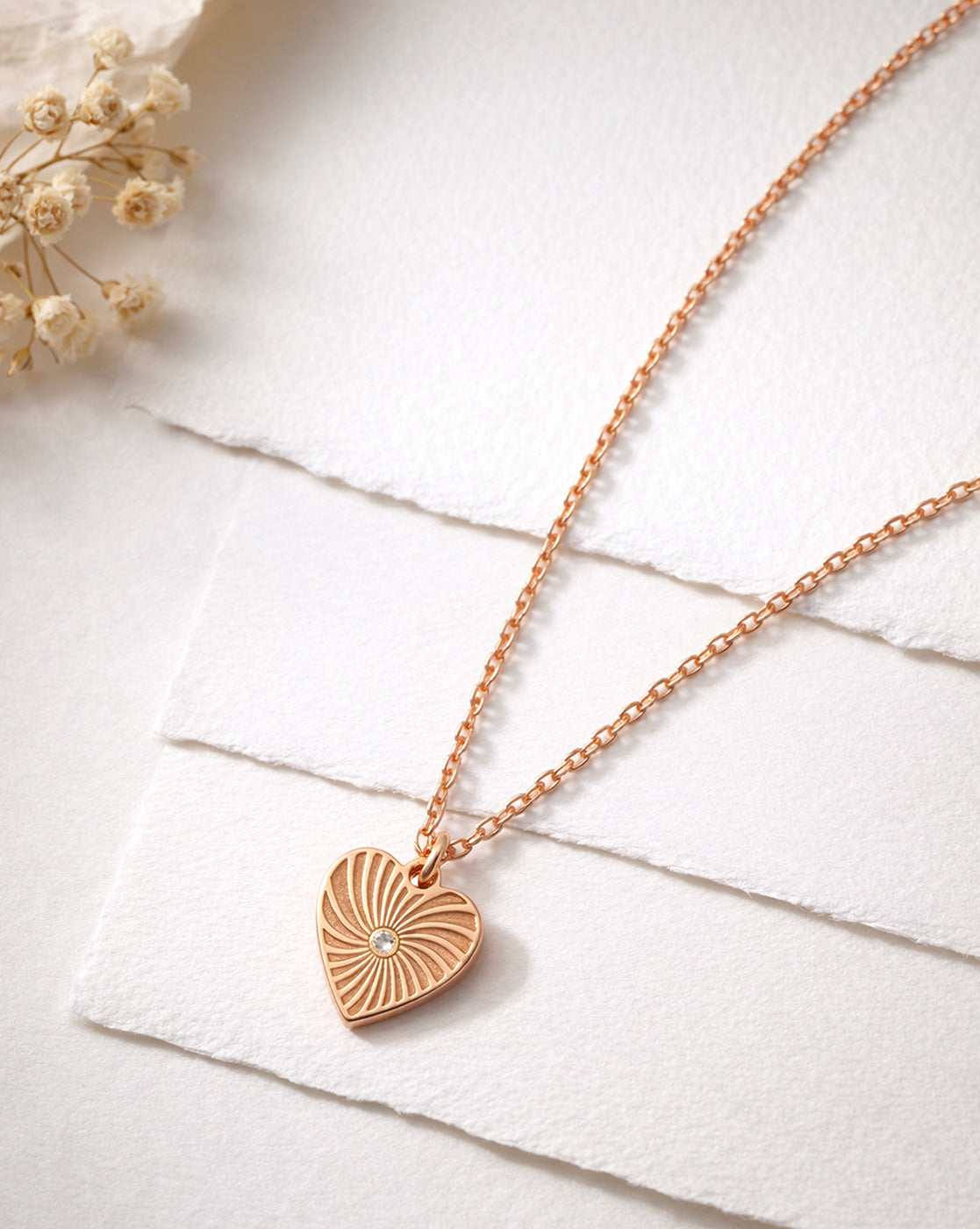 925 Sterling Silver 18kt Rose Gold Plated CZ Heart Pendant and Chain