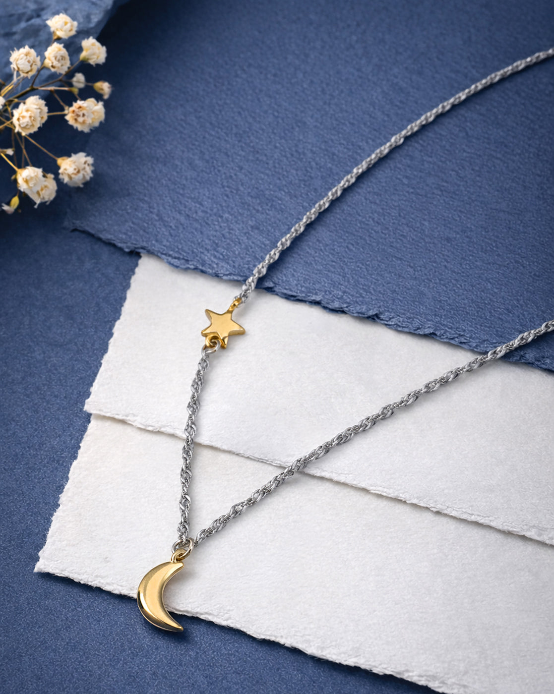 925 Sterling Silver Dual Toned Plated Moon and Star Charm Necklace