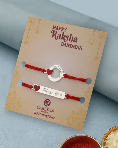 925 Sterling Silver Rhodium Plated Enamel Heart Bhai Bhabhi Rakhi set of 2