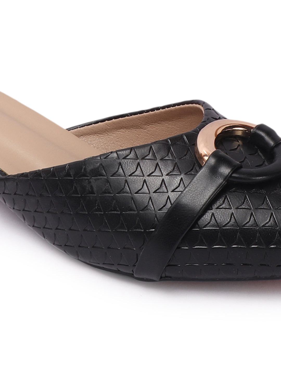 Elegant Textured Mules with Gold Buckle and Block Heel