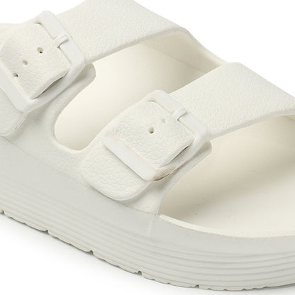 Women Solid Double Buckle Platform Slides