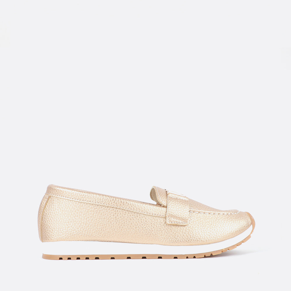 Carlton London women loafers in gold and white colour. 